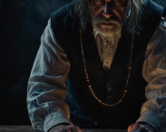 May include: An older person with long gray hair and a beard, wearing a vest and a gold necklace, is focused on a small, glowing coil of wire with a lit candle. The scene is dimly lit, creating a mysterious atmosphere.