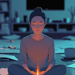 Puede incluir: Una mujer se sienta con las piernas cruzadas en un suelo de madera con los ojos cerrados, meditando frente a una vela encendida. La habitación está tenuemente iluminada, con papeles esparcidos por el suelo.