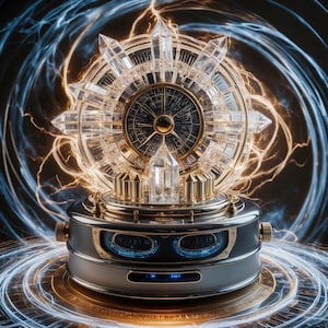 May include: A steampunk-style clock with a circular, gold-toned face surrounded by crystal-like points. The clock is on a black base with gold accents and two circular, blue-toned displays. The clock is surrounded by swirling blue and white energy.