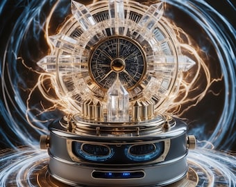 May include: A steampunk-style clock with a circular, gold-toned face surrounded by crystal-like points. The clock is on a black base with gold accents and two circular, blue-toned displays. The clock is surrounded by swirling blue and white energy.
