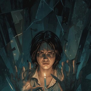 Pode incluir: Ilustração digital de uma pessoa segurando uma vela acesa, com um fundo escuro de vidro quebrado. A pessoa tem uma expressão séria, com as mãos estendidas. A obra de arte tem um tema dramático e misterioso.