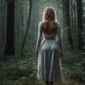 May include: A woman in a white dress with a low back stands in a forest. The trees are tall and the light is dim. The woman is facing away from the camera.