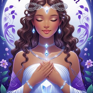 Peut inclure: Illustration numérique d'une femme aux cheveux bruns et aux yeux fermés, vêtue d'une robe blanche et de bijoux avec des cristaux bleus. L'image a une palette de couleurs violettes et bleues, avec les mots "Psychic Protection" en haut.