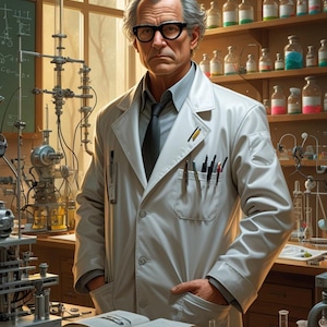 Könnte beinhalten: Ein älterer Mann in einem weißen Laborkittel und einer Brille steht in einem Labor. Das Labor verfügt über Regale mit Glasflaschen, wissenschaftlichen Geräten und offenen Büchern auf einem Holztisch. Der Mann hat graues Haar und einen ernsten Gesichtsausdruck.