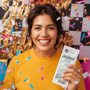 May include: A woman in a yellow sweater smiles, holding a winning lottery ticket labeled "JACKPOT WINNER." Confetti and balloons in pink, blue, and gold surround her. The background includes a black and white checkered pattern.