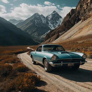 May include: A light blue classic car driving on a dirt road through a mountain pass. The car has a license plate that reads "California".