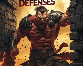 May include: A muscular warrior in red armor breaks through a brick wall with a large hammer, flames erupt from the broken wall. The text "DESTROY YOUR ENEMIES DEFENSES" is displayed above the warrior.