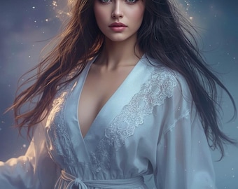 May include: A woman with long, dark hair and blue eyes, wearing a flowing white dress with lace detailing. The background features a starry, celestial design, creating a dreamy and ethereal atmosphere.
