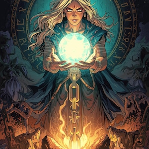 Puede incluir: Ilustración digital de una mujer con largo cabello rubio sosteniendo un orbe brillante. Lleva una capa azul y está enmarcada por un diseño circular con texto. La escena incluye llamas y una gran cadena.