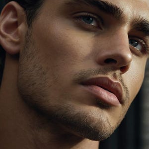May include: Close-up portrait of a person with short, dark brown hair. The person has a fair complexion and blue eyes. The person is looking directly at the camera with a serious expression. The person has a light beard and a shadow on their neck.