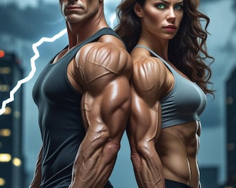 Puede incluir: Un hombre y una mujer musculosos se colocan espalda con espalda, ambos vestidos con ropa deportiva. Están posando con los brazos flexionados, mostrando sus bíceps y tríceps tonificados. El fondo es un cielo tormentoso con rayos.