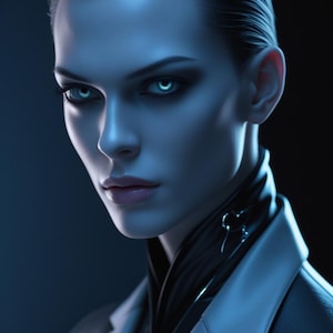 Pode incluir: Retrato de uma pessoa com pele azulada e olhos azuis marcantes. Eles usam um casaco preto com lapela branca e um top preto de gola alta. A imagem tem uma estética futurista e estilizada.