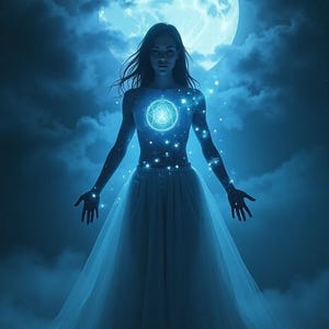 May include: A woman in a white gown stands with her arms outstretched, glowing with blue light. A large blue moon shines in the background.