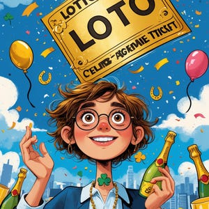 以下が含まれることがあります： シャンパンと「LOTTO」と書かれた金色の宝くじで祝う人のイラスト。背景は、紙吹雪、風船、幸運のお守りがある青い空です。その人はメガネとクローバーのネックレスを身に着けています。