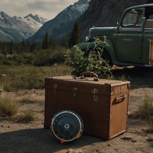 Puede incluir: Una maleta vintage de cuero marrón con herrajes de latón y una brújula redonda de metal negro sentada frente a ella. La maleta y la brújula están en un campo con un camión verde y montañas en el fondo.