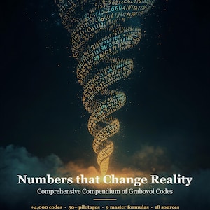 May include: A book cover titled Numbers that Change Reality: Comprehensive Compendium of Grabovoi Codes by Jaime Salomón Tacher Urbina. The graphic features a golden spiral vortex composed of numerical digits against a dark, starry background.