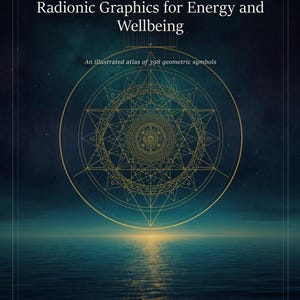 以下が含まれることがあります： Radionic Graphics for Energy and Wellbeingというタイトルの書籍の表紙。398の幾何学模様が描かれた図解アトラス。表紙には、海と夜空の暗い青色の背景に、大きな金色の幾何学的なマンダラ模様がデザインされています。