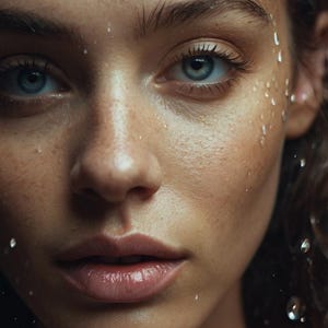 May include: Close-up portrait of a person with wet skin and water droplets on their face. The person has light brown skin, blue eyes, and full lips.