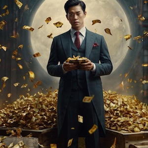 May include: A man in a dark suit and red tie stands in front of a pile of gold coins. He is holding a small golden box in his hands. The background is a dark room with a large, bright moon.