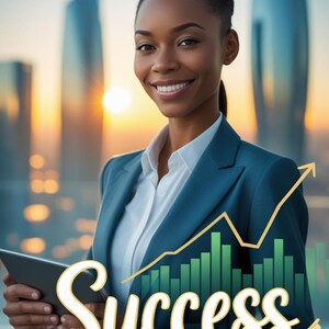 May include: A woman in a blue blazer smiles while holding a tablet. A green bar graph with an upward trending yellow line and the word "Success" is superimposed over the image.