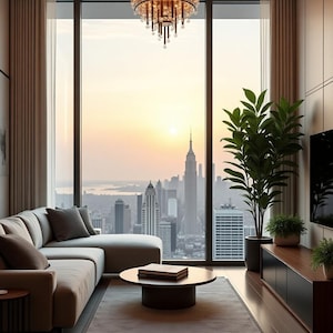 May include: A modern living room with a large sectional sofa, a coffee table, and a large window with a view of a city skyline. The room is decorated with plants and a chandelier.