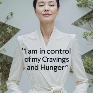 May include: A woman in a white blazer with a quote that reads "I am in control of my Cravings and Hunger".
