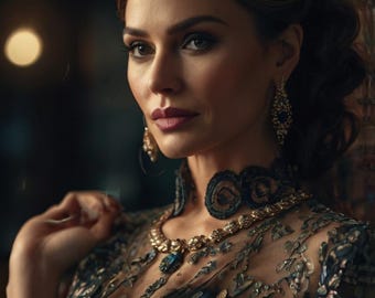 May include: A woman with dark brown hair styled in an updo wears a dark blue and gold lace dress with a gold necklace and matching earrings. She is looking directly at the camera.