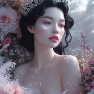 May include: A woman with dark hair wears a silver crown and has iridescent glitter on her face. She is surrounded by pink flowers and white feathers.