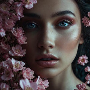 May include: A woman with long dark hair is framed by pink flowers. Her eyes are blue and she is wearing makeup. The flowers are in focus and the woman's face is slightly out of focus.