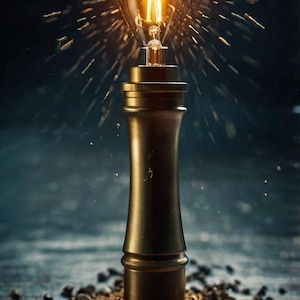 May include: A gold metal light bulb holder with a vintage-style light bulb that is lit and glowing. The light bulb is surrounded by sparks of light. The holder is sitting on a dark surface with brown coffee beans scattered around it.