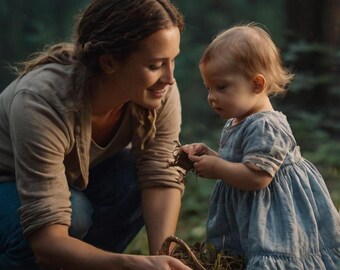 May include: A woman and a young girl are in a forest, gathering leaves in a wooden basket. The woman is wearing a beige shirt and jeans, while the girl is wearing a blue dress. The forest is lush and green, with tall trees and dappled sunlight.