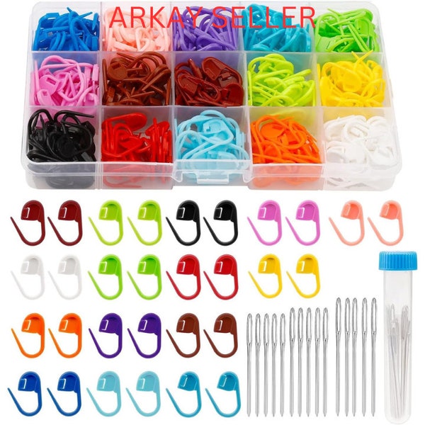 315 Pieces Stitch Markers, Stitch Locking Clip Colorful Knitting Markers Crochet Clips with 15 Pieces Big Eyes Blunt Sewing Needles