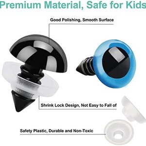 May include: Close-up of two plastic safety eyes, one black and one blue, with black screw-in posts and white backing washers. Text reads "Premium Material, Safe for Kids", "Good Polishing, Smooth Surface", "Shrink Lock Design, Not Easy to Fall of", and "Safety Plastic, Durable and Non-Toxic".