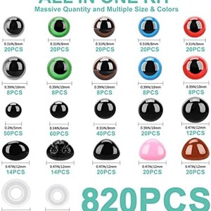 May include: An assortment of 820 pieces of various sizes and colors. The kit includes round, dome, and ring-shaped pieces in black, green, brown, blue, red, and pink. Sizes range from 0.2 inches to 0.47 inches. The text "ALL IN ONE KIT" is at the top.