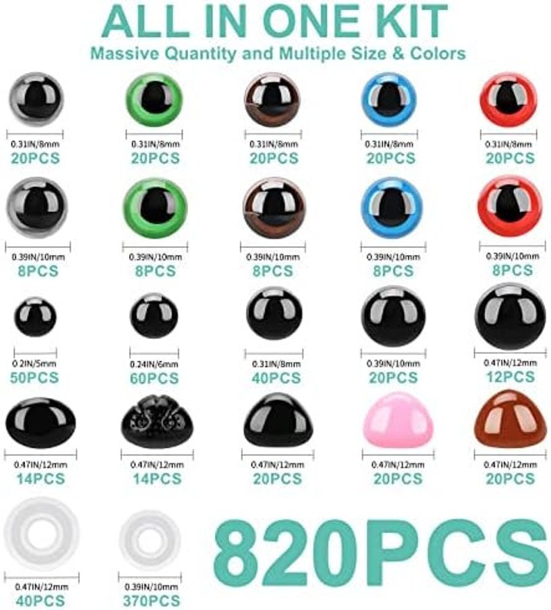May include: An assortment of 820 pieces of various sizes and colors. The kit includes round, dome, and ring-shaped pieces in black, green, brown, blue, red, and pink. Sizes range from 0.2 inches to 0.47 inches. The text "ALL IN ONE KIT" is at the top.
