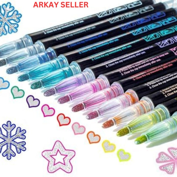 Shimmer Markers Outline Double Line, 12 Colors Metallic Glitter Pens Set Super Sparkle Kid Gift Cool Fancy Drawing Supplies Art Craft Girl