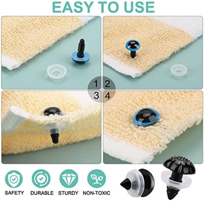 May include: A collage of four images showcasing black and blue safety eyes for crafts. The eyes are shown with their backing, and are placed on a light yellow, textured fabric. The text "EASY TO USE" is at the top.