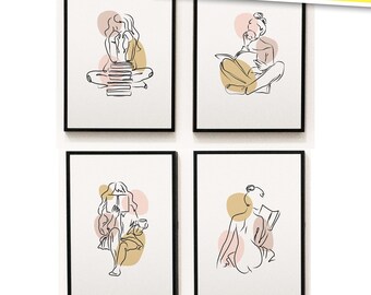 Frau liest Buch druckbare Wandkunst, druckbare Kunst für Bücherwürmer, Lady Line Art druckbare Kunst, Bibliothek Wanddeko, Buchfrau-Set, Lesewandkunst