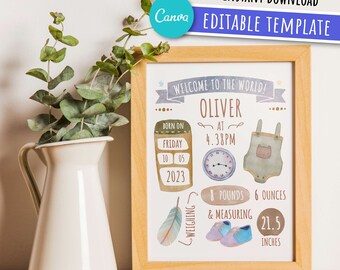 Druckbare Geburtsanzeige Vorlage, Baby Stats druckbare Kunst, DIY Vorlage, Canva bearbeiten, Sofort Download, bearbeitbare Stats