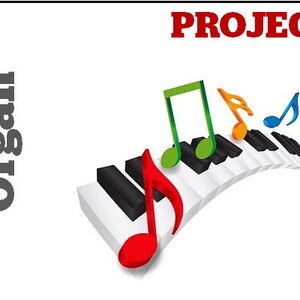May include: Project #6 Light Organ with a white and black keyboard with colorful musical notes on top.