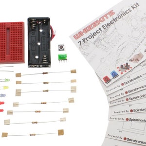 May include: A red breadboard, a battery pack, a green button, a green LED, a red LED, a yellow LED, a white LED, a buzzer, a set of resistors, and a set of jumper wires. The image also includes a set of instructions for a 7 project electronics kit powered by Spiratronics magicCHIP.