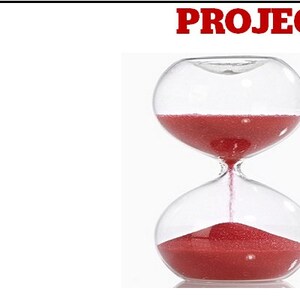 May include: A red hourglass sand timer with a glass bulb. The sand is flowing from the top bulb to the bottom bulb.