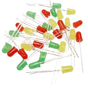 Könnte beinhalten: Ein Haufen verschiedener LED-Leuchten mit roten, grünen und gelben Kappen. Die Leuchten sind in einem zufälligen Muster angeordnet und alle mit dünnen silbernen Drähten verbunden.