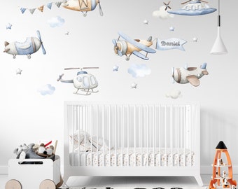 Airplanes wall decal nursery wall decorative stickers removable vinyl decal Bi-airplane helicopter decals kids playroom wall graphic print
