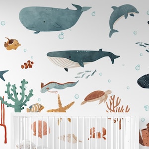 Underwater Wall Decal Nursery Ocean Life whales Wall Mural Bathroom wall Decal Stickers Decor Removable large size Children Bedroom Graphic