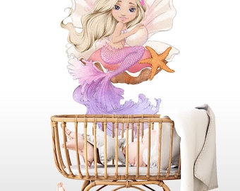 Little Mermaid Wall Decal Nursery Mermaid And Clam Shell Graphic Bathroom Wall Decor Sticker Removable Girls Bedroom Wall Mural Print