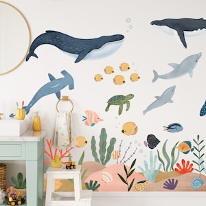Underwater Wall Decals Watercolor, Nursery Ocean Wall Decor, Under the sea Bathroom Sea life wall Decal Stickers Decor Whale Fish Graphic