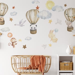 Naklejki Safari Animal, Air Balloon Woodland Nursery Wall Decal, Akwarelowe naklejki ścienne do pokoju zabaw, Latanie w niebie, dekoracja ścienna