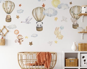 Safari Animal Decals,Air Balloon Woodland Nursery Wall Decal,Watercolor Removable Playroom Wall Stickers,Flying in Sky Wall Decor