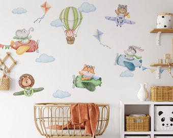 Safari Animals airplane wall decals watercolor themed nursery wall decor sticker repositionable decal woodland Kite Clouds kids wall print
